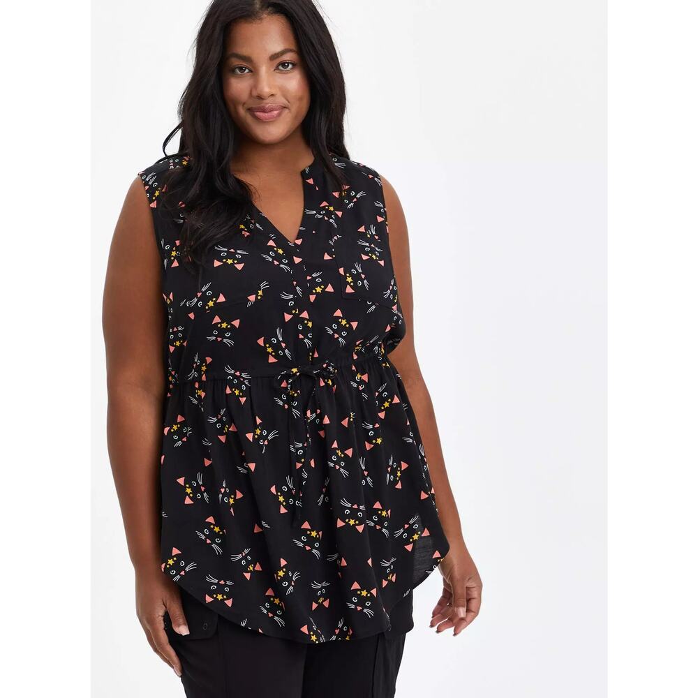 Torrid Black Cat Witchy Moon Celestial Emma Babydoll Challis Tunic Top Women 4X